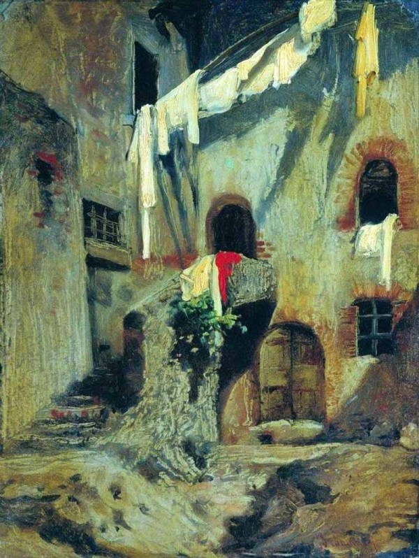 Italian courtyard with clothes hanging by Fyodor Bronnikov